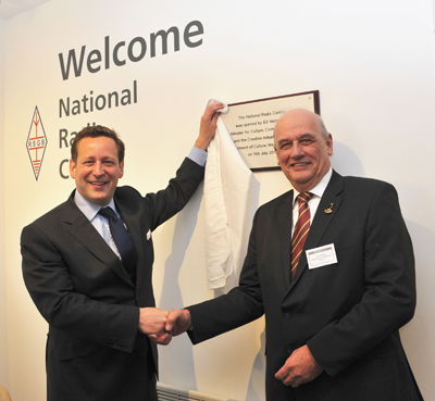 Ed Vaizey MP congratulates RSGB President Dave Wilson, M0OBW, on the official opening of the RSGB National Radio Centre